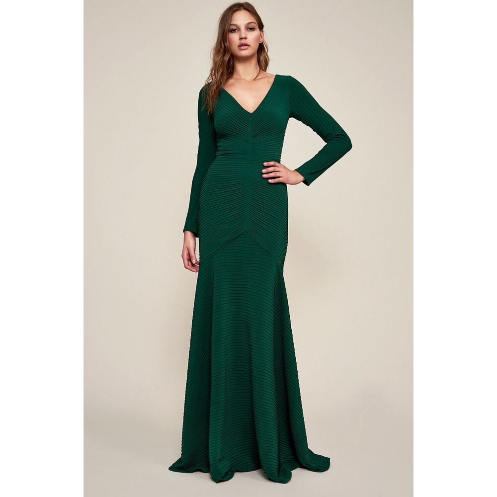 Long Sleeve V-Neck Green Evening Gown